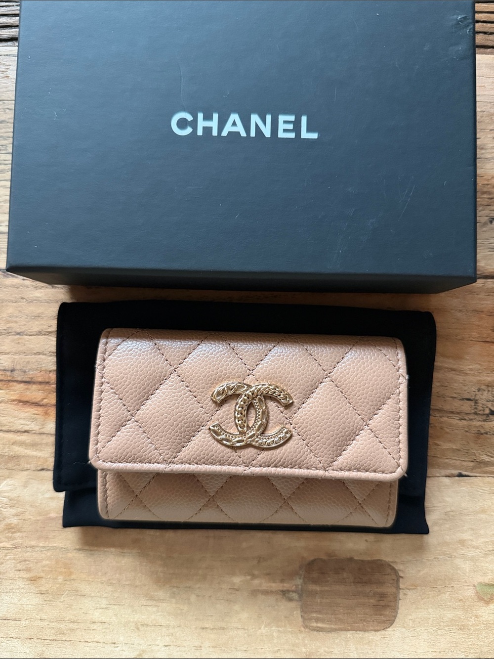 CHANEL Quilted Beige Leather Wallet with Gold CC Hardware